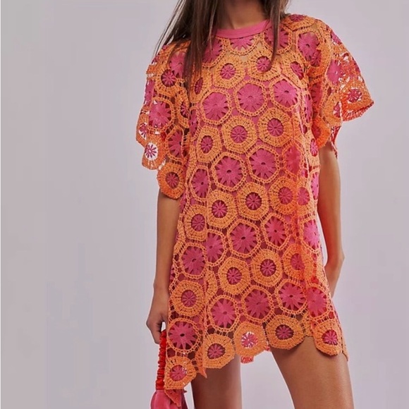 Free People Dresses & Skirts - NWT Free People Orange and Pink Crochet Dress with Slip